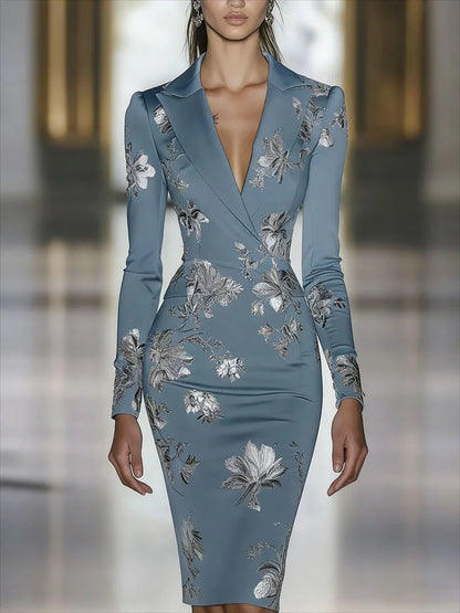 Elegant Luxury Floral Print Bodycon Midi Dress Retros V-neck Long Sleeve Fit Banquet Dress Temperament High Waist Wrap Hip Dress