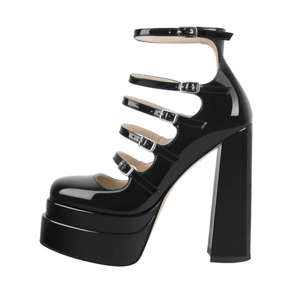 Onlymaker Women Buckle Strap Platform Pumps Black Patent Leather Cross-tied Square Toe Fashion Party Thick High Summer...