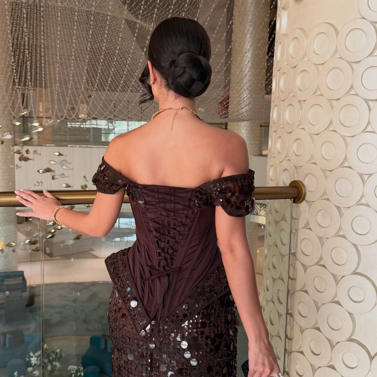 Ofherown Brown Sequin Cocktail Dress Off Shoulder Corset Peplum Paillette Knee Length Party Evening Gown Custom Made
