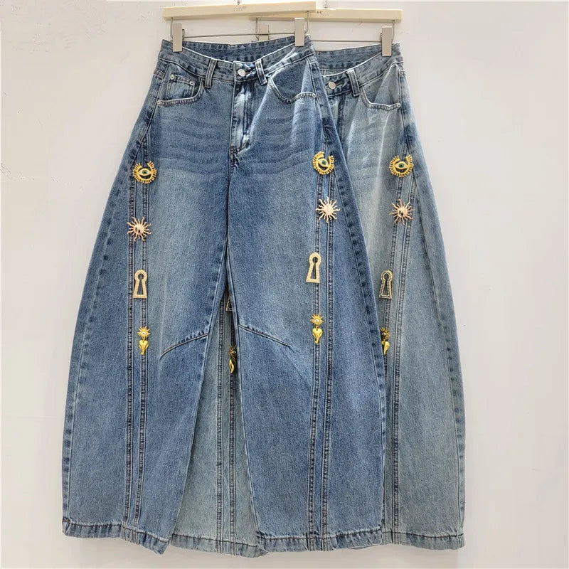 2026 Spring New Metal Buckle Decorated Mid-Waist Wide-Leg Jeans Women Washed Scimitar Pants Casual Versatile Long Pants Female - Kimlud