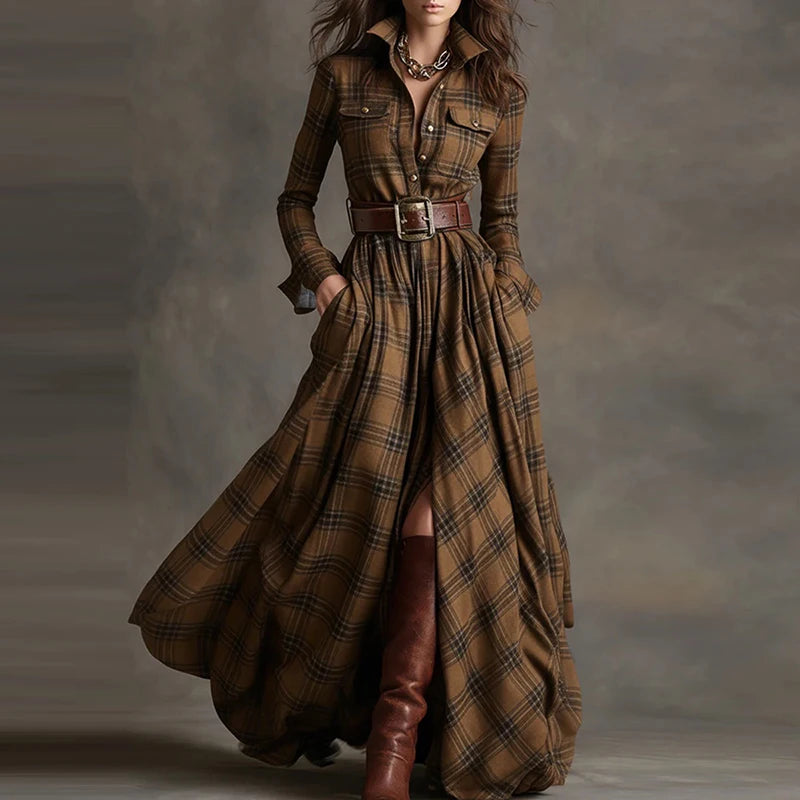 Fall Retro Plaid Print Swing Long Dresses Woman Sexy Single Breasted Lapel Shirt Dress Casual Long Sleeve Pocket Slit Maxi Dress