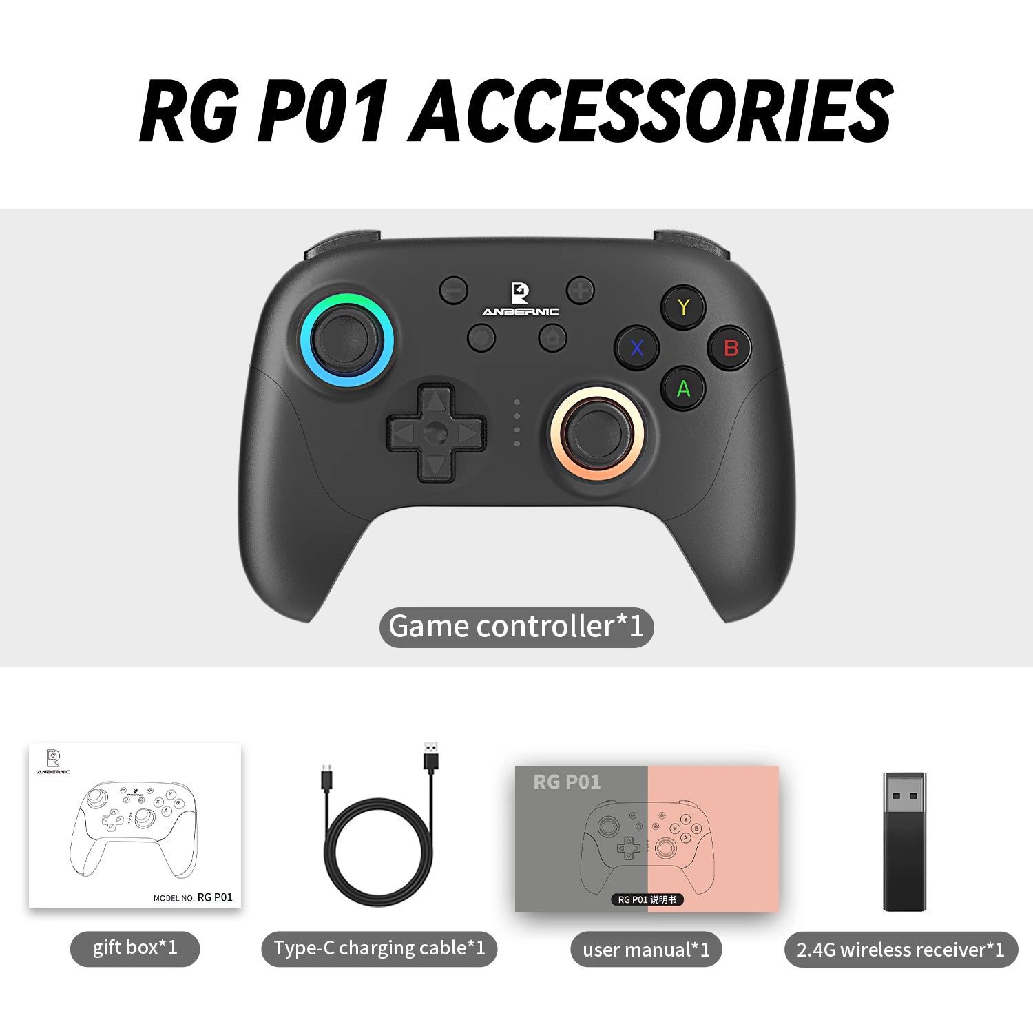 ANBERNIC RG P01 Wired Wireless Bluetooth Games Controller RGB Hall Effect Joystick XBOX Game Gamepad for PC Android IOS Steam