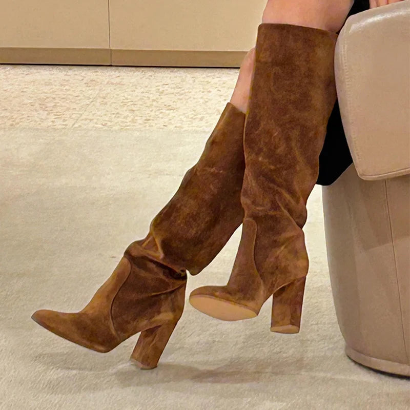 High Heels Knee High Women's Boots Snow Warm Long Boots Woman Shoes Winter 2025 Sexy Suede Shoes Dress Pumps Mujer Chelsea Botas