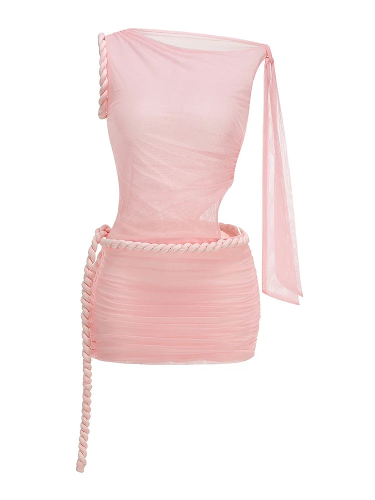 Sexy Mesh See Through Diagonal Collar Twist Knot Draped Mini Dress Women Pink Sleeveless Bodycon Dresses Evening Party...