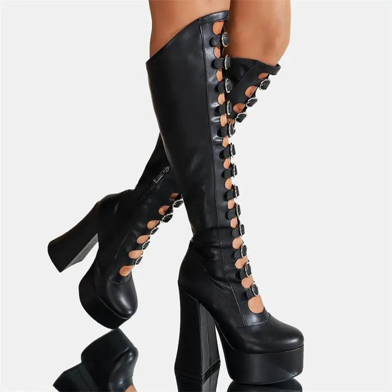 Women's Autumn Thick Bottom Hollow Knee High Boots Side Zipper Square Heel Pole Dance Female Sexy Shoes Super High Heel Platform - Kimlud