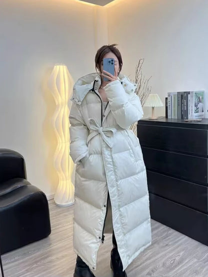 With Belt Women's Winter Down Jacket Long Puffer Coat White Duck Thick Warm Hooded Waterproof Down Jacket With Sashes Outwear