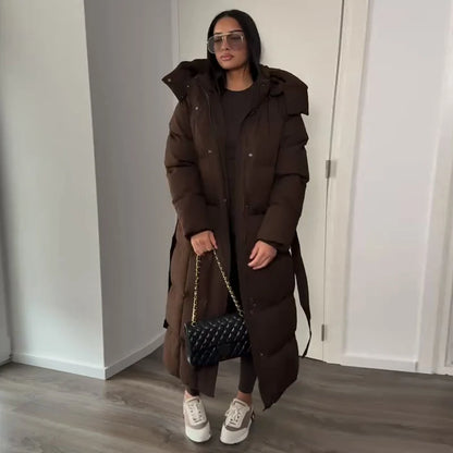 Warm Women's Puffy Quilted Hooded Long Cotton Coat Loose Solid Stand Collar Lace Up Zipper Overcoats 2025 Winter Lady Outwear