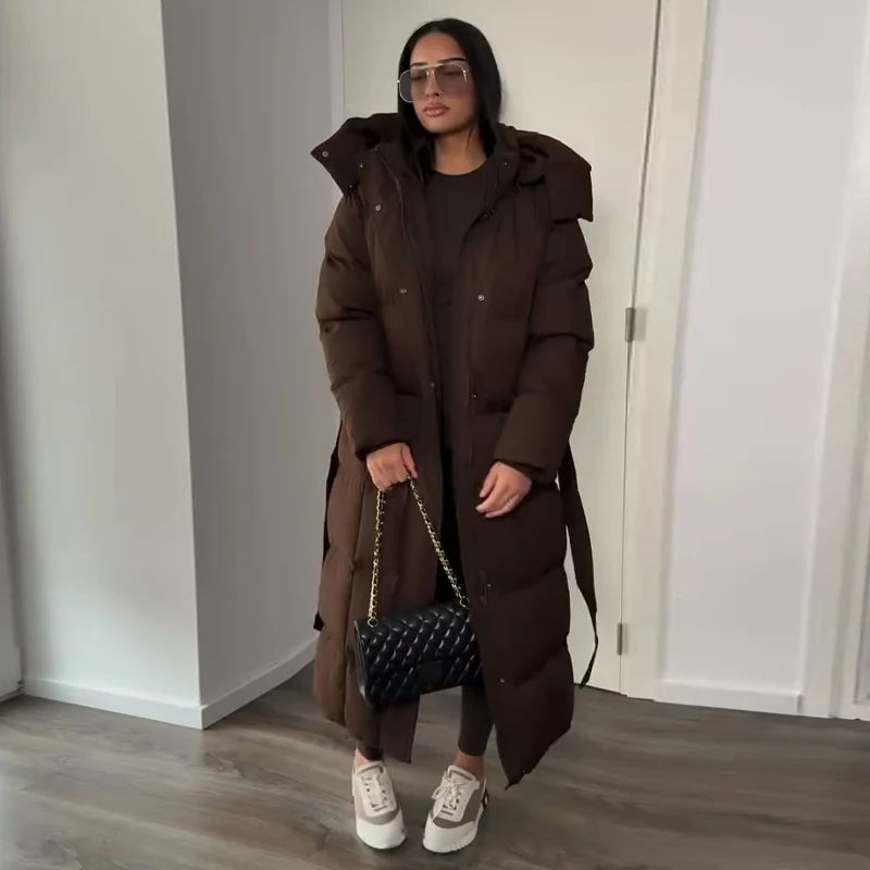 Warm Women's Puffy Quilted Hooded Long Cotton Coat Loose Solid Stand Collar Lace Up Zipper Overcoats 2025 Winter Lady Outwear