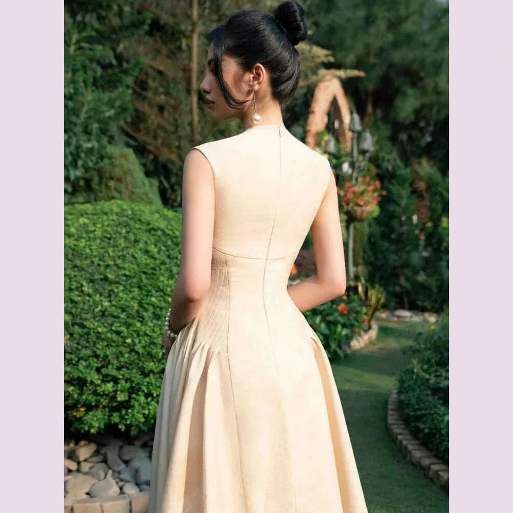 DEAT Elegant Dress O-neck Pleated A-line Big Swing Sleeveless Solid Women's Evening Party Dresses 2025 Spring New Tide 35Z1884