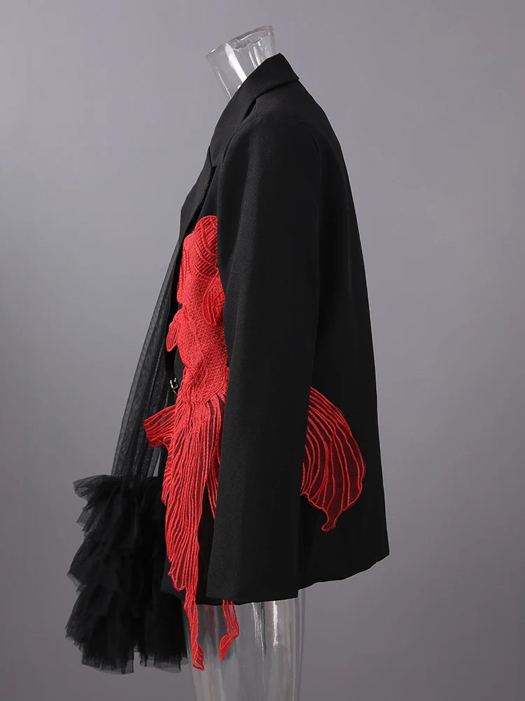[EAM] Women Black Mesh Irregular Fish Spliced Big Size Blazer New Lapel Long Sleeve Jacket Fashion Spring Autumn 2025...