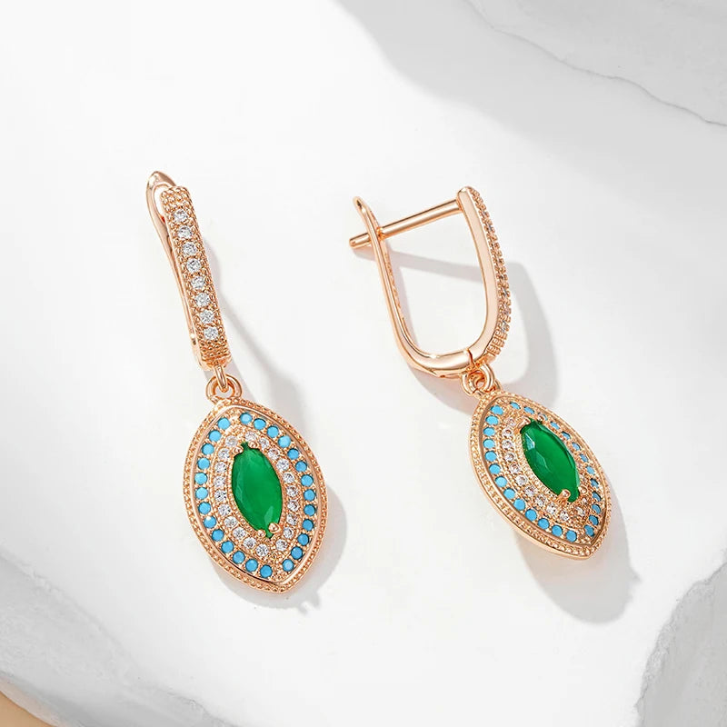 Kinel Hot 585 Rose Gold Color Long Drop Earrings for Women Fashion Green With Blue Natural Zircon Wedding Daily Vintage Jewelry