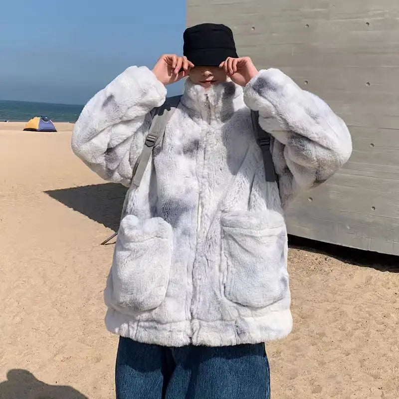 Autumn Winter New Fashion Long Sleeve Stand Collar Solid Lamb Wool Trench Men's Clothing Korean Zipper Warm All-match Trend Top