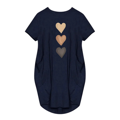 Women's three heart-shaped printed pocket dress, casual round neck short sleeved dress for spring and summer women's wear