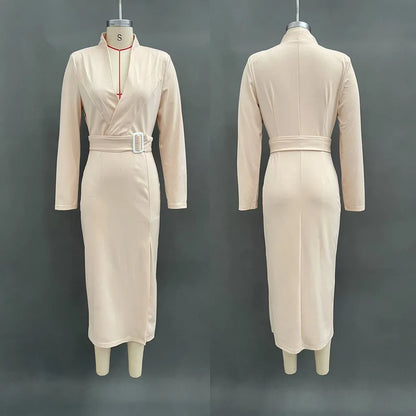 Elegant Solid Slim Belt V Neck Hip Dress Woman Autumn Winter Long Sleeve Split Office Dresses Sexy Boho High Waist...