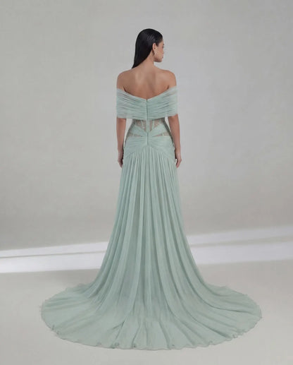Ofherown Mint Green Pleated Evening Dress Off Shoulder Ruched Sequin Waist Sheer Mesh Formal Gown Wedding Guest Custom Made