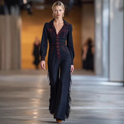 Vintage Fringed Denim Jumpsuit Button Front Deep V-Neck Slim Fit Flare Leg One-Piece for Party & Streetwear Western Style Black - Kimlud