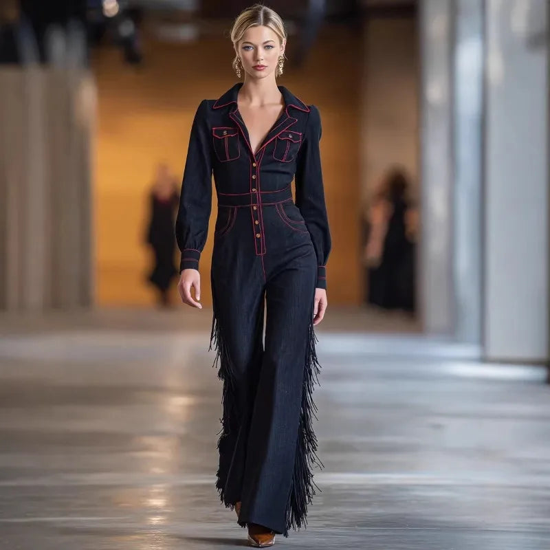 Vintage Fringed Denim Jumpsuit Button Front Deep V-Neck Slim Fit Flare Leg One-Piece for Party & Streetwear Western Style Black - Kimlud