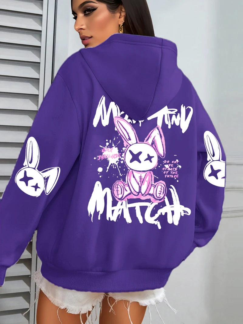 Mix And Match Cartoon Rabbit Prints Women Hoodie Pocket Streetwear Harajuku Loose Hoody All-Match Fleece Female Clothing