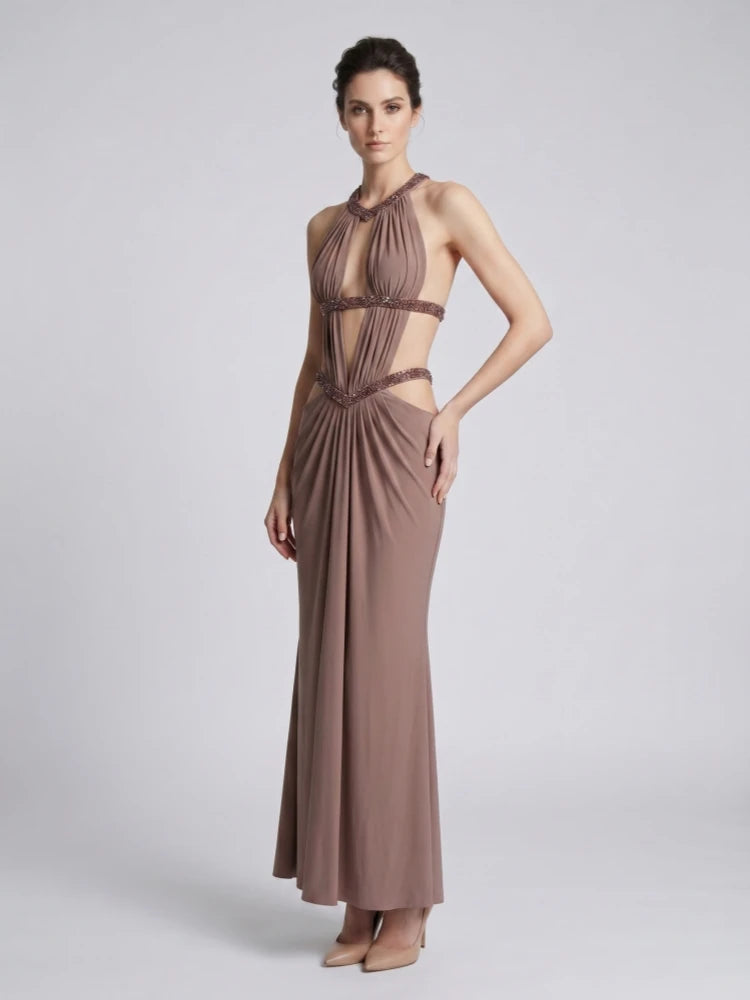 Sexy Straps Halter Neck Diamonds Cut Out Long Dress Women Browns Sleeveless Backless Slim Dresses Evening Party Cocktail Gowns