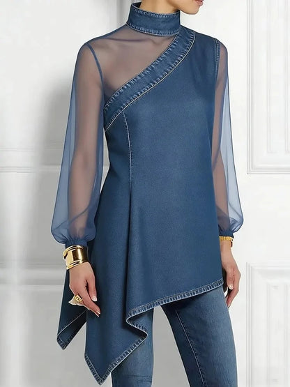 Women's Asymmetric Denim Shirt Vacation High Neck Irregular Hem Sheer Mesh Loose Fit Fashion Party Top Spring/Fall Women's Tops - Kimlud