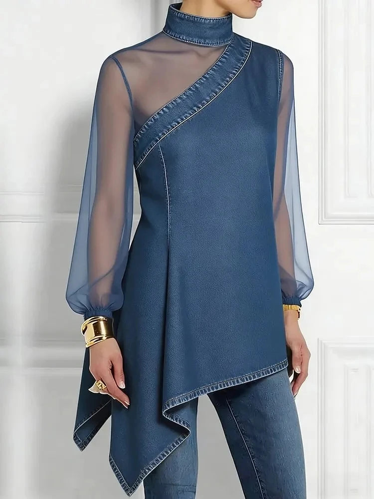 Women's Asymmetric Denim Shirt Vacation High Neck Irregular Hem Sheer Mesh Loose Fit Fashion Party Top Spring/Fall Women's Tops - Kimlud