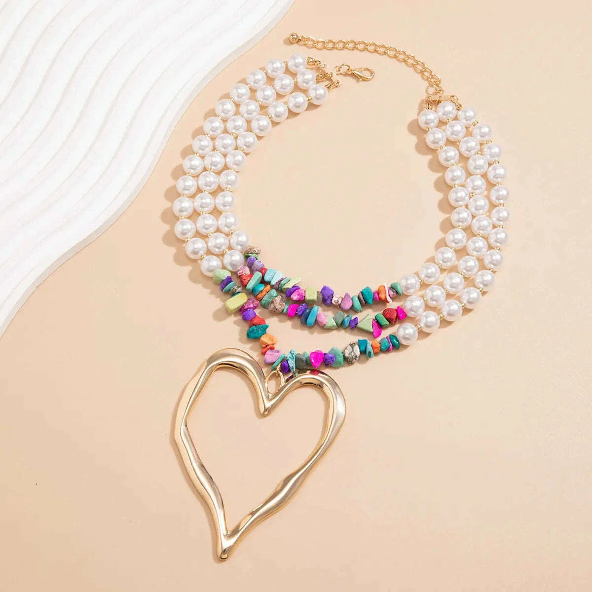 European and American Jewelry Exaggerated Retro heart Necklace for women Personality Beaded Turquoise Imitation Pearl necklaces