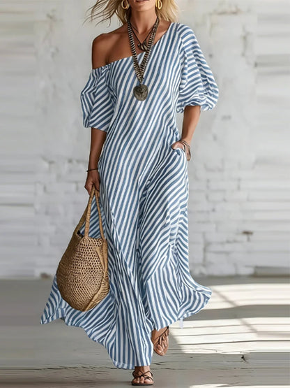 Comfortable daily single shoulder bubble sleeve dress with classic striped print 2026 summer new casual loose long dress