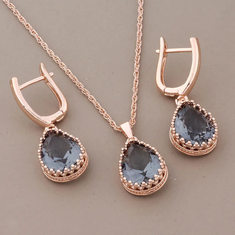 New Trend Luxury Quality Dangle Earring And Pendant Sets for Women 585 Rose Gold Color Wedding Jewelry Set
