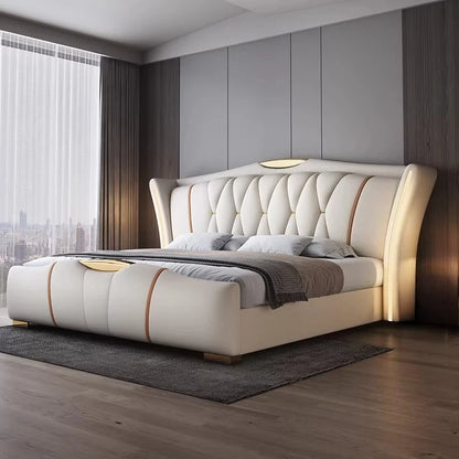 Home Leather bed with light modern minimalist lit 150x200 180x200 200x220 cm Double bed 2 people bedroom beds frames Furniture