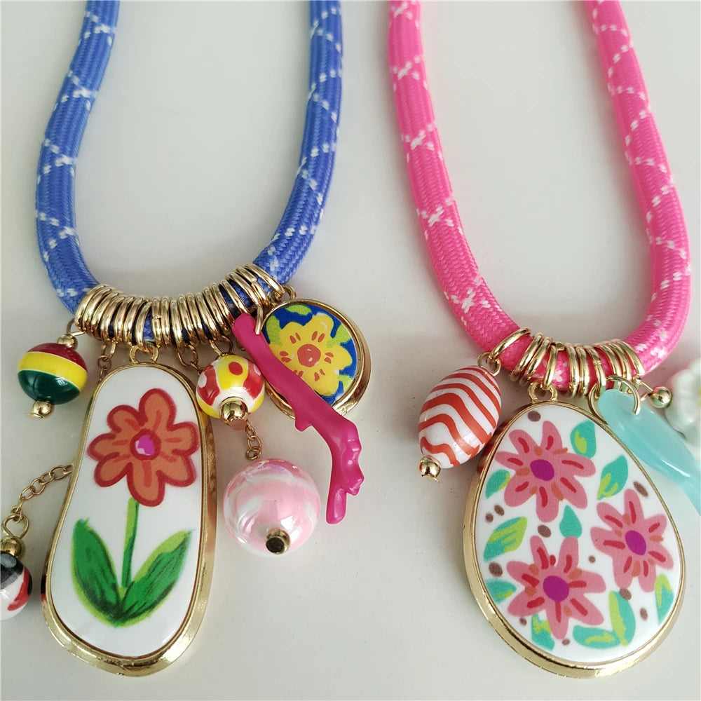 Colorful Dopamine Pink Blue Cord Choker Necklace Women Indian Boho Ethnic Statement Enamel Flower Pendant Necklace lady...