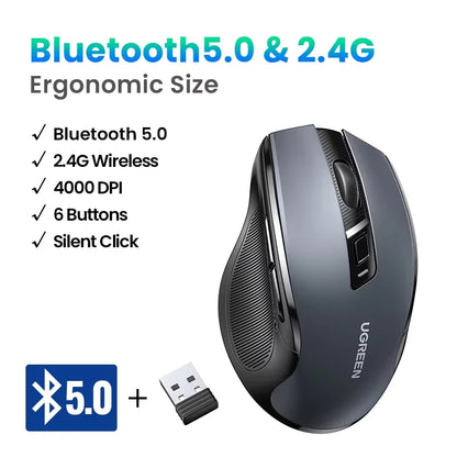 UGREEN Wireless Mouse Bluetooth5.0 Mouse Ergonomic 4000DPI 6 Mute Buttons Mouse For MacBook Tablet Laptops Computer PC 2.4G Mice - Kimlud