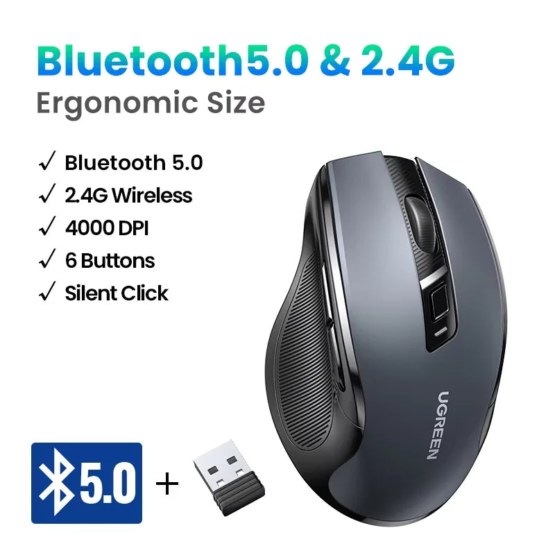 UGREEN Wireless Mouse Bluetooth5.0 Mouse Ergonomic 4000DPI 6 Mute Buttons Mouse For MacBook Tablet Laptops Computer PC 2.4G Mice - Kimlud