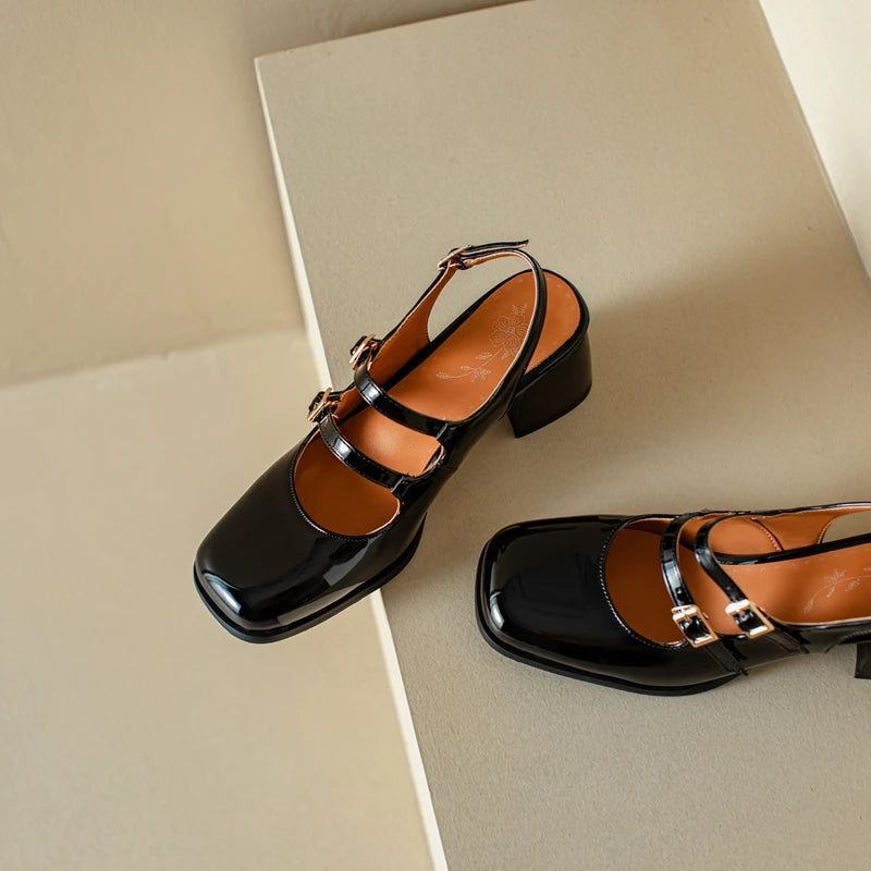 Plus Size 44 45 46 Black Silver Chunky High Heels Mary Jane Shoes Women Square Toe Double Buckle Pumps Slingback Ladies Sandals - Kimlud
