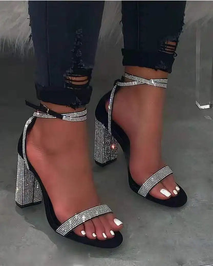 2023 New Bling Rhinestone Sandals for Women Thick High Heels Buckle Strap Heels Sexy Elegant Ladies Party Shoes Plus Size 42 - Kimlud