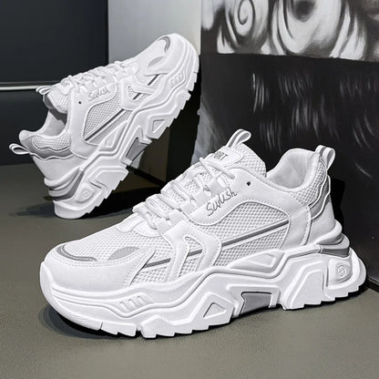 New Fashion Mens Thick Sole Platform Sneakers Breathable Mesh Lightweight Low Top Dad Shoes Casual Sports Walking Shoes - Kimlud