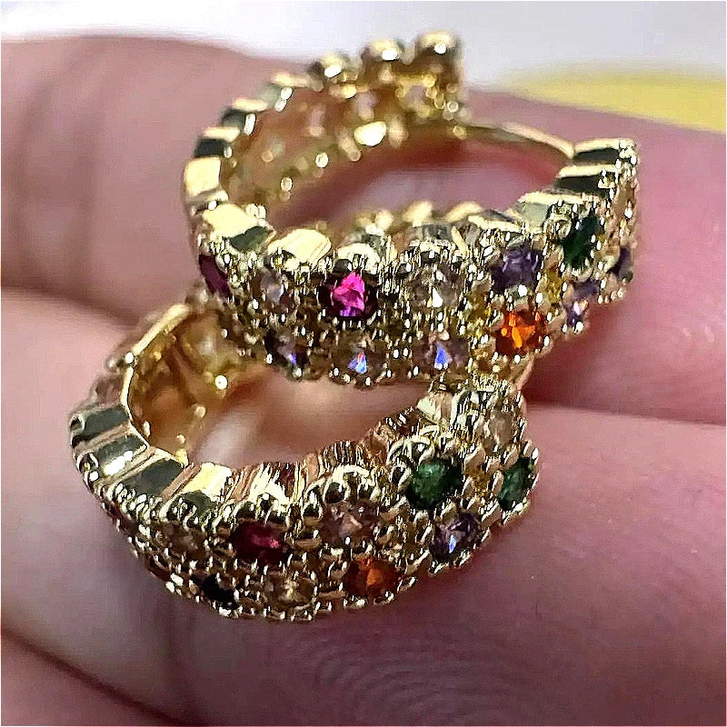Fashion Copper Handcrafted Colored Synthetic Zircon Hoop Earrings for Women Bohemian Style Golden Plated Banquet Wedding Jewelry