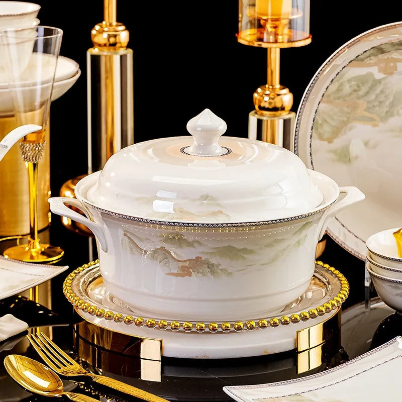 Jingdezhen dish set housewarming tableware set bowl and plate ceramic tableware set light luxury plate bowl | Kimlud...