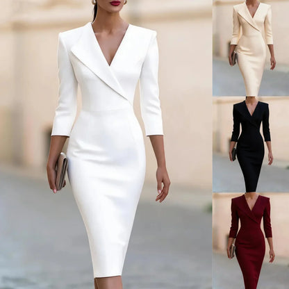 Women V Neck Three Quarter Sleeve Lapel Bodycon Dress Elegant Office Lady Pencil Skirt for Work Party