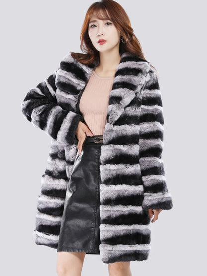 Rex Rabbit Fur Fur Coat Women's jacket Winter Warm Mink Coat Casual Medium Long Thick Trench Coat Plus Size Jacket striped 2025