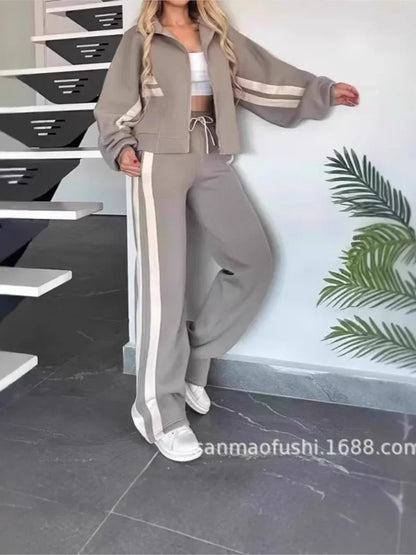 Y2K Striped Zipper Coat+sweatpants Two Piece Set Women Casual Batwing Sleeve Sports Outfits Autumn Winter Sweatshirt Suit