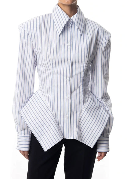 Women's Collar Striped Shirt with Asymmetrical Hem and Waist Cinching 2026 Spring summer Fashionable Casual Office...