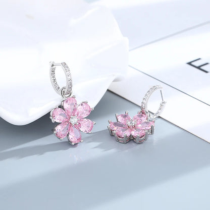Pink Flower Sparkling Zircon Silver Drop Earrings for Women Vintage Jewelry Wedding Engagement Hoop Earrings Gifts |...