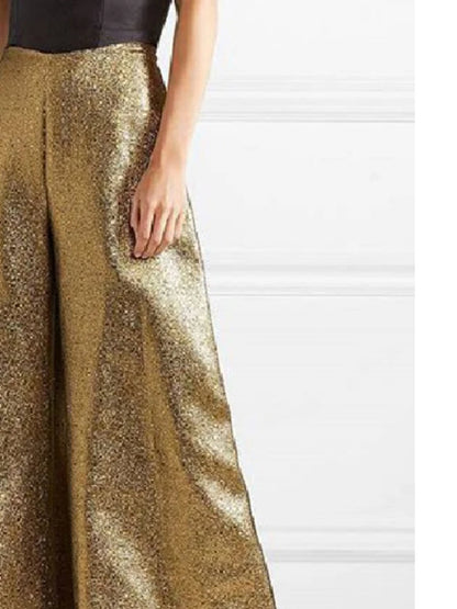 Women's Stylish Party Wear Pants Solid Gold High Waist A-line Wide Leg Pants Zippered Full-length Trousers Casual Pants