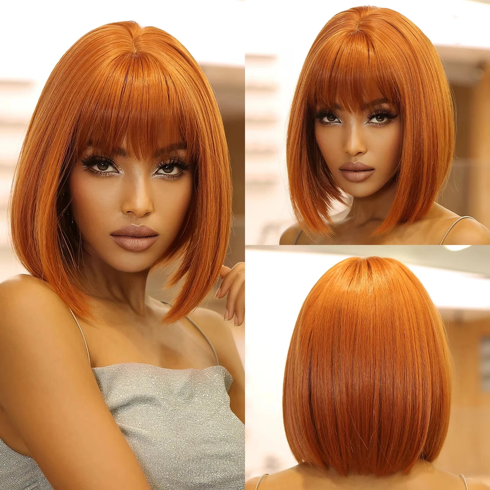 Short straight synthetic wig Ginger Brown Bob wig with straight bangs Ladies Cosplay daily natural high temperature silk wig