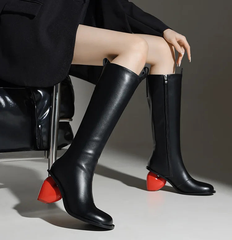 New Retro Sexy Round Toe Peach Heart Heel Side Zipper Knee High Boots European American Fashion Show Color Blocked Women's Boots