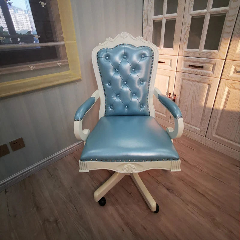 12American Genuine Leather Retro Carved Solid Wood Swivel Chair Office Chair Lift | Kimlud Vintage Luxury Home