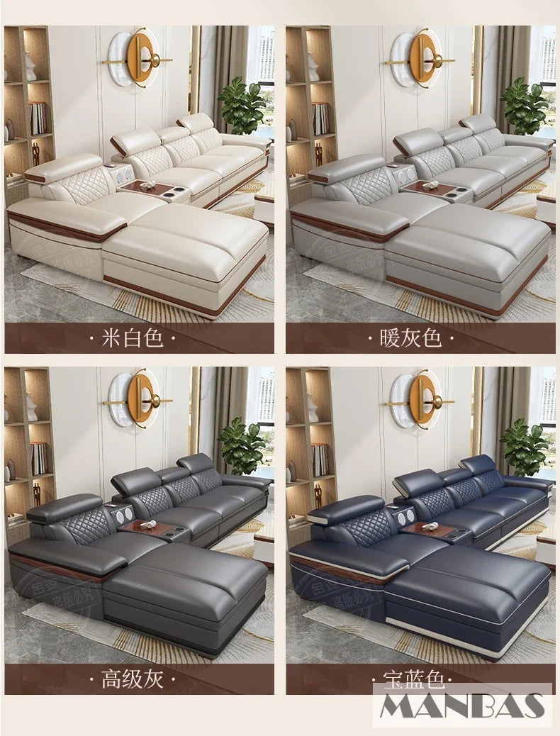Linlamlim Premium Italian Genuine Leather Sofa Set for Living Room with Adjustable Headrests, Bluetooth Speaker, Wireless Charge