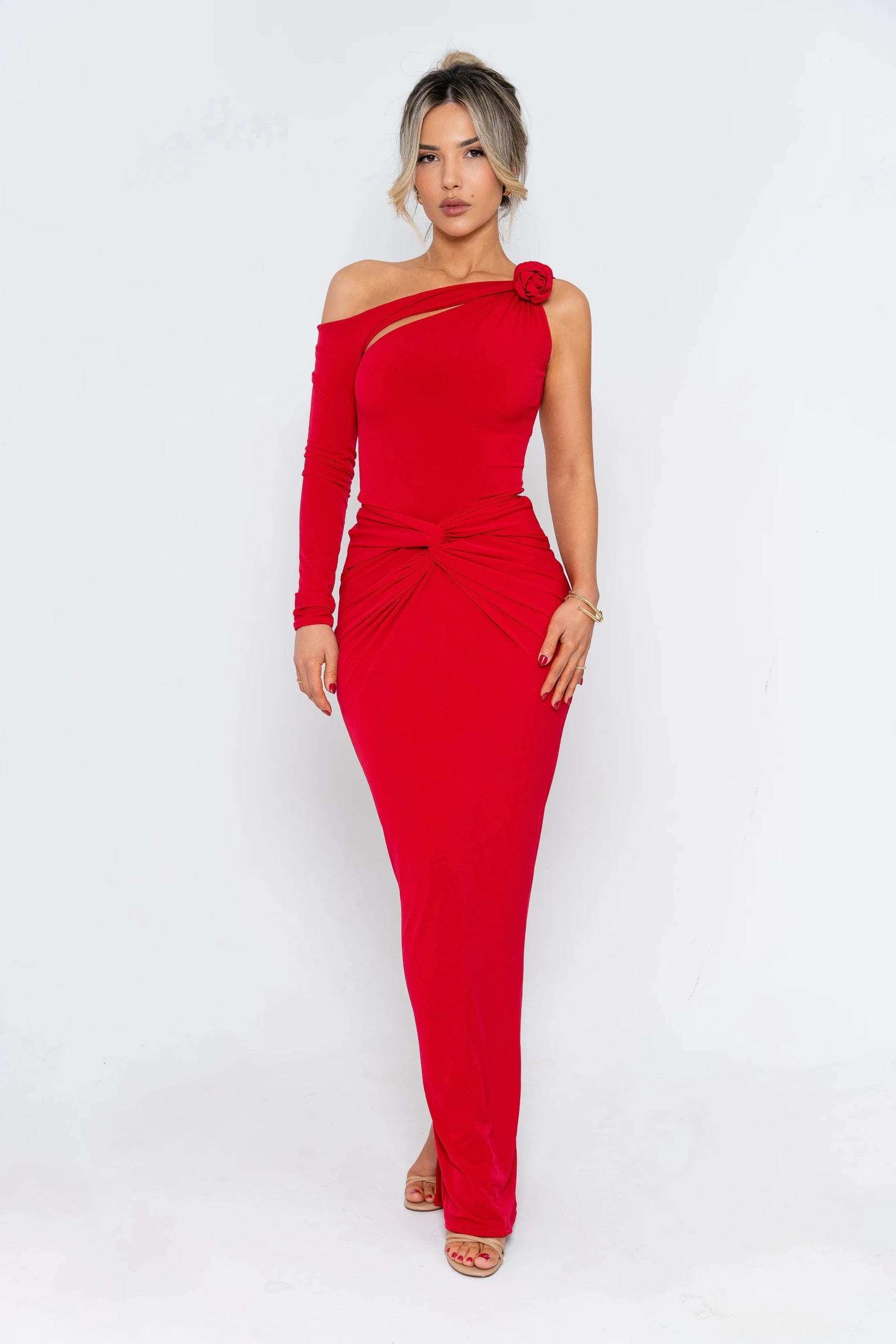 Kimlud Dresses - Articat Elegant Single Sleeve Irregular Hollow Out Bodycon Party Club Evening Dress Women Sexy Fold Spring/S