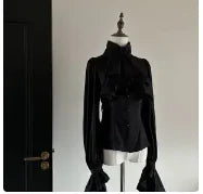 British Style Retro Dark Goth Handsome Black Trench Coat Women Girls Lolita Fake Two Vest White Coats Jacket Y2k Cosplay Clothes