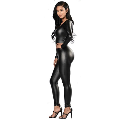 Women Sexy Tights Bodysuit PU Leather Black Long Sleeve Jumpsuit Female Leotard Lingerie Night Club Party Uniform - Kimlud
